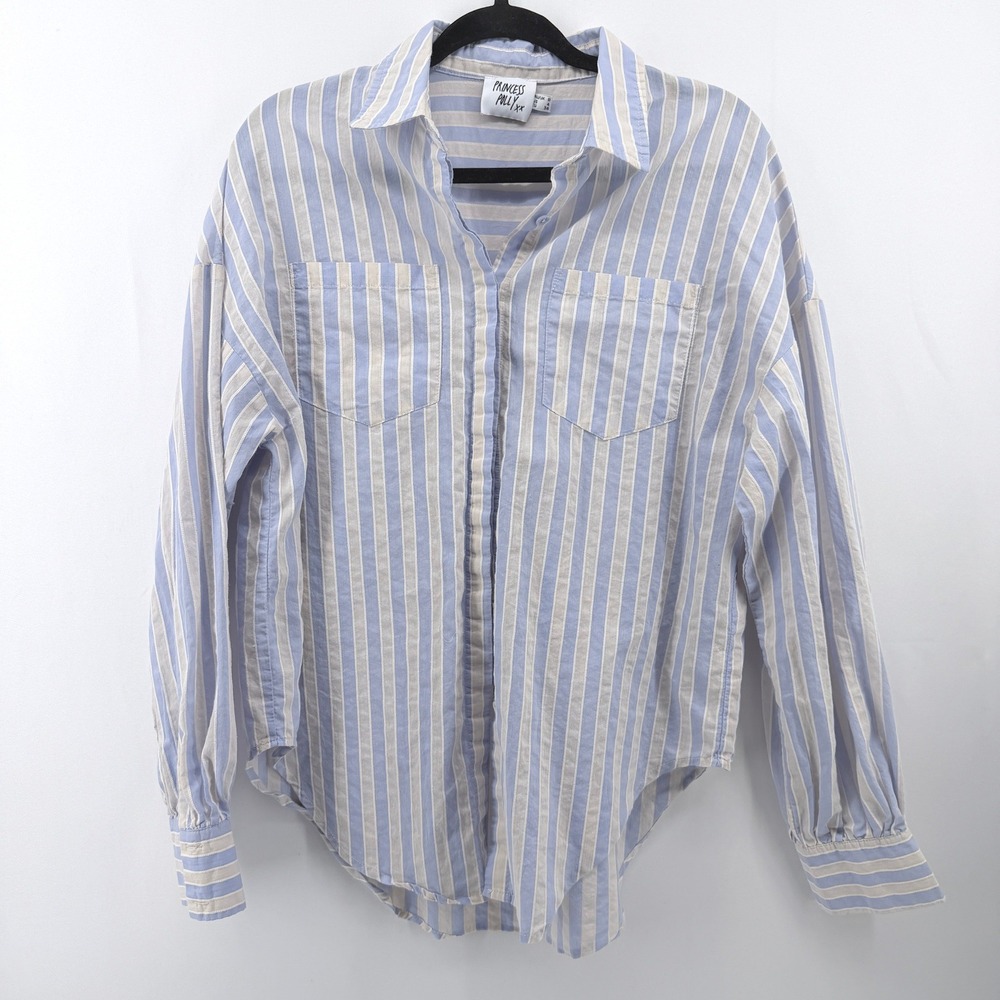 Princess Polly Striped Button Down Shirt Blue Beige Oversized Long Sleeve Blouse